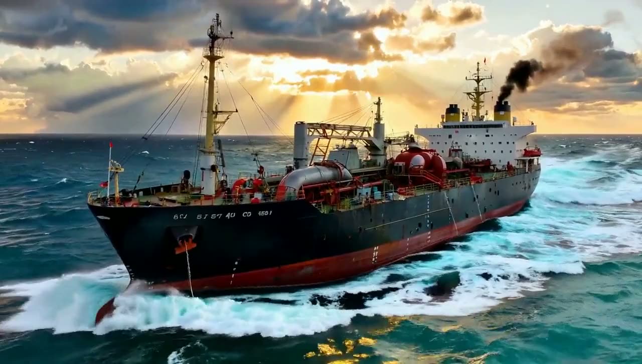Oil supertanker sailing through rough open seas